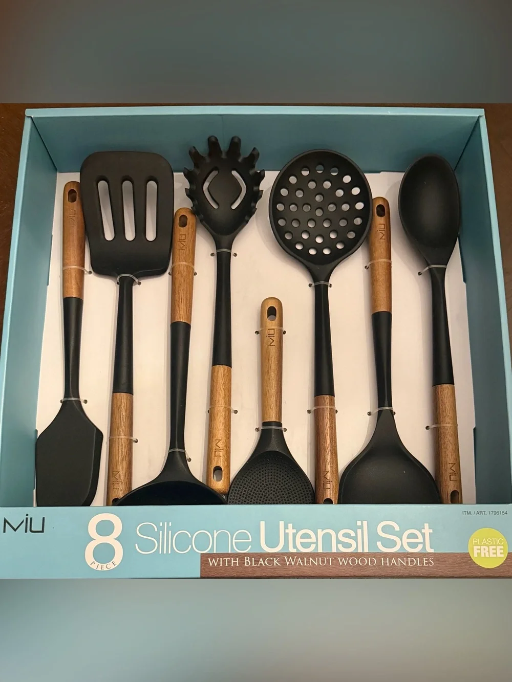 Mi 8-Piece Black Silicone Utensil Set with Walnut-Style Wood Handles